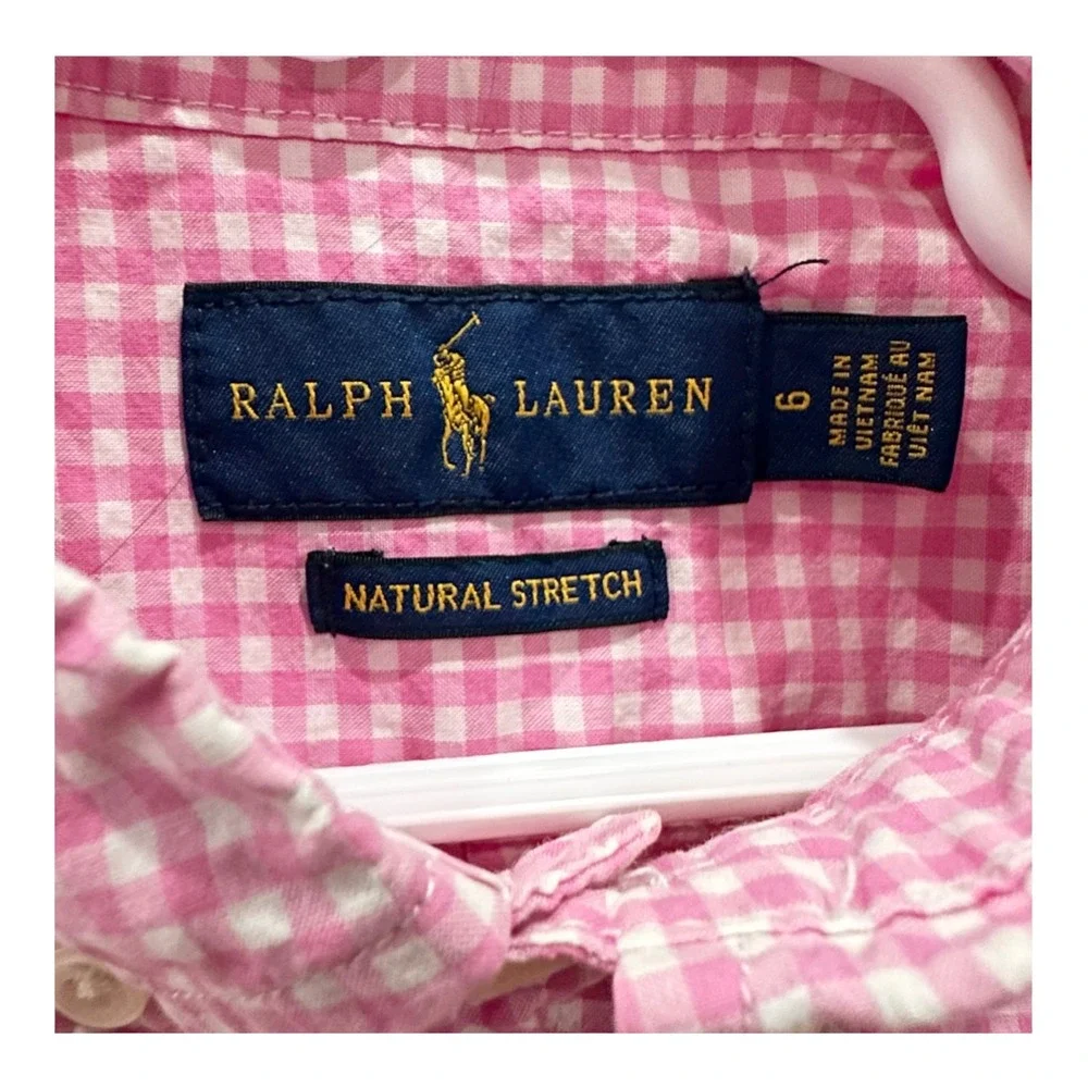 Ralph Lauren Boys Pink Gingham Short Sleeve Button Down Shirt Size 6 Cotton
